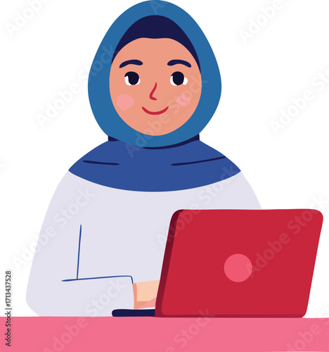 Young muslim woman wearing a blue hijab works on a red laptop computer engaging in remote work or online study