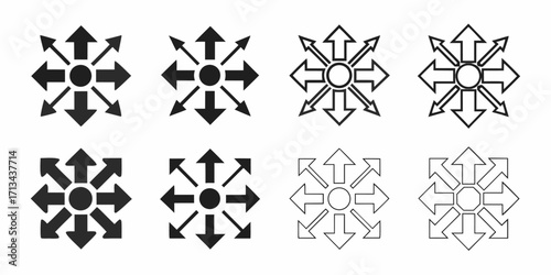 Eight arrow direction icons arranged in a grid pattern with different styles and orientations shown | editable eps vectors silhouette