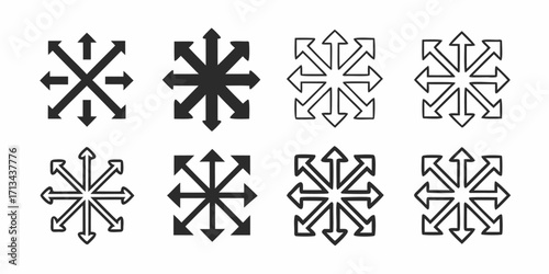 Collection of eight arrow symbols pointing outwards in different styles and thicknesses on a white background | editable eps vectors silhouette