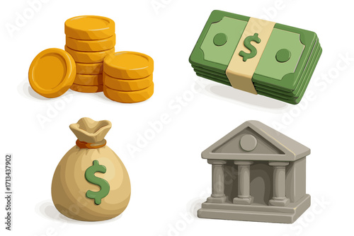 3D finance icon set. Cartoon bank building, gold coins, dollar cash, money bag. Vector illustration for banking, business, investment, savings. Financial symbols collection.