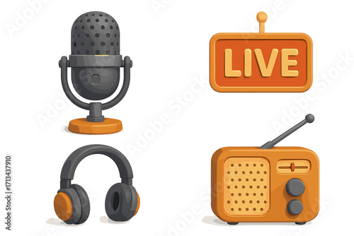 3D podcast icon set with microphone, radio, headphones, live sign. Vector cartoon illustration for broadcast, streaming, audio content. Volumetric plastic style equipment.