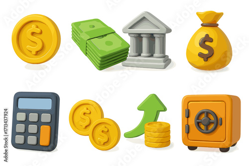 3D finance icon set. Money and banking cartoon collection. Vector illustration of cash, coin, safe, calculator, investment growth symbol for business and economy design.