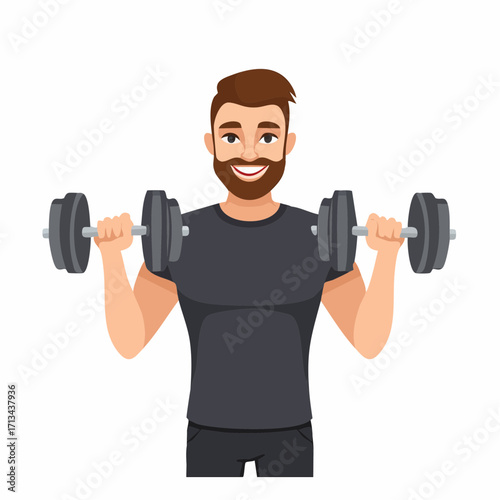 Happy man lifting dumbbells during workout, fitness and healthy lifestyle illustration