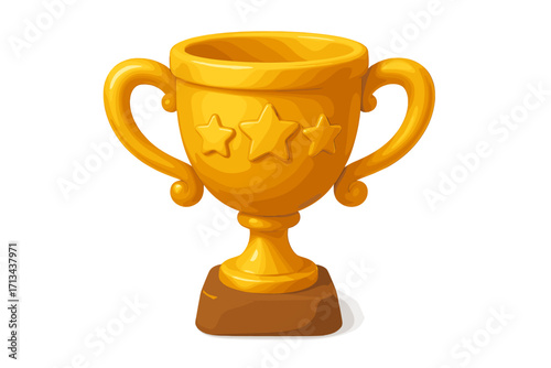 3D gold trophy cup icon for winner's award. Golden prize for champion. Symbol of victory, success and achievement in competition. Vector illustration isolated on white.