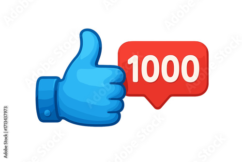 3D like hand thumb up icon for social media. Red notification counter bubble shows 1000 clicks or likes. Vector illustration for network approval and follower growth.