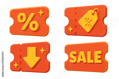 3D coupon set for sales and promotions. Discount voucher collection with percentage sign, price tag, and sale text. Cartoon vector illustration for marketing and web design.