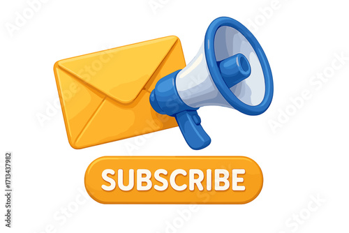 3D mail envelope and megaphone for newsletter subscription. Email marketing and promotion banner concept. Loudspeaker announcement for new subscribers. Vector cartoon illustration.