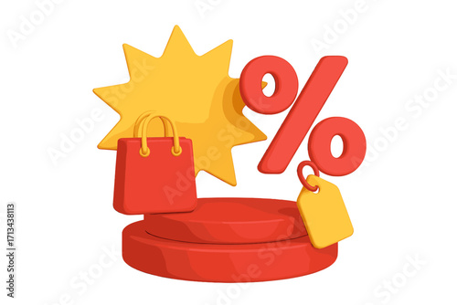 3D render mega sale special offer on a stage podium for product display. Includes shopping bag, percent sign, and price tag for promotions, discounts, and clearance events.