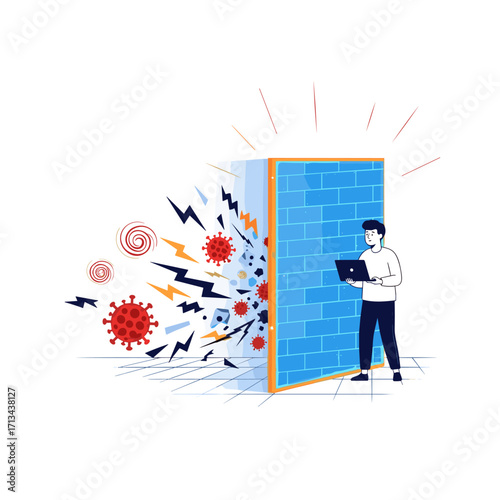 Man with laptop protected by digital firewall