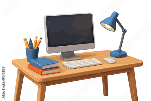 Modern 3D office desk with computer for business or home office. Cartoon workspace illustration. Concept for remote work, freelance, study, and technology. Minimalist workplace.