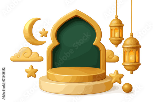 3D rendering product podium Islamic celebration Ramadan Kareem banner background with crescent moon star lanterns clouds golden design vector cartoon illustration transparent background