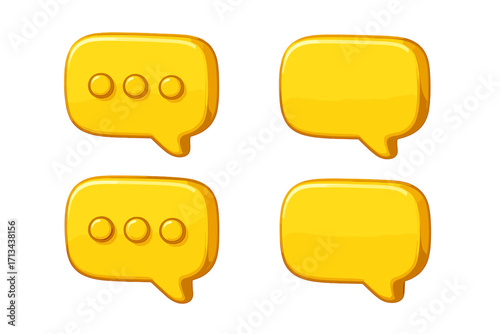 3D Yellow Chat Bubble Icons Set, Speech and Comment Bubbles, Cartoon Vector Illustration with Glossy Effect, Transparent Background, Messaging and Communication Symbols