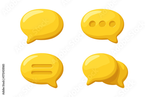 3D Yellow Chat Bubble Icons Set, Conversation Comment Speech Bubbles, Messaging Symbol Vector Illustration, Communication Emoticon Collection, Transparent Background