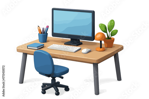 3d office workplace illustration. Modern desk with computer for remote work. Cartoon home office interior. Freelancer workspace concept. Vector furniture, chair, lamp, plant.