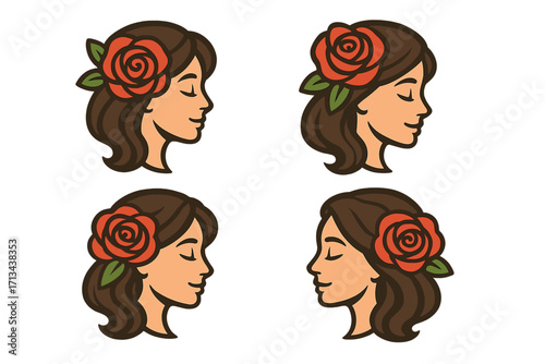 Vector cartoon illustration of a woman with a rose in her hair, beautiful female profile set with closed eyes, floral hair accessory, elegant feminine face concept, nature beauty design