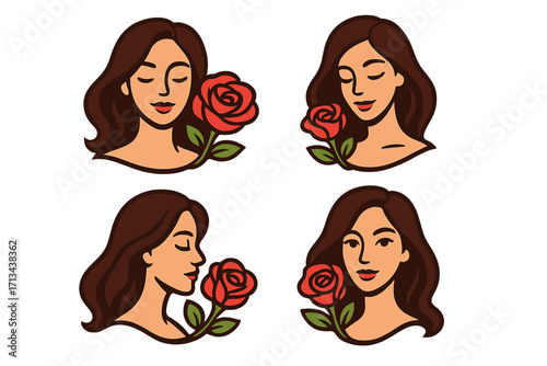 Elegant brunette woman with flowing hair holding a vibrant red rose, set of four calm female portraits showcasing beauty, nature, and floral connection, vector illustration