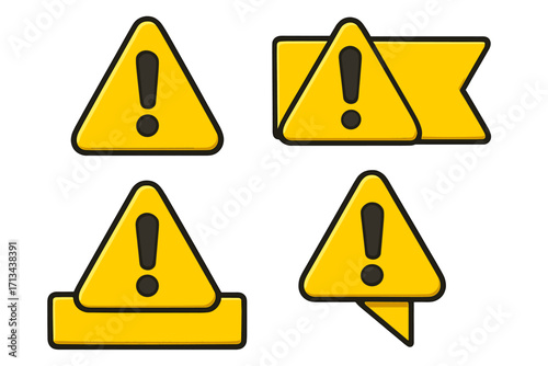 Exclamation mark warning sign set with caution banners, attention alert icons, yellow triangular safety symbols, vector cartoon illustration, transparent background, ordered collection
