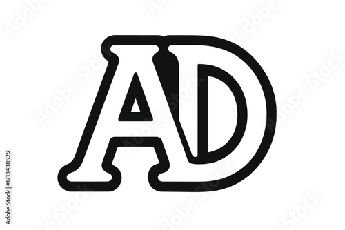 Letter A and D monogram logo design, vintage style overlapping initials, black and white outline, decorative alphabet symbol for branding, typography, and identity concept