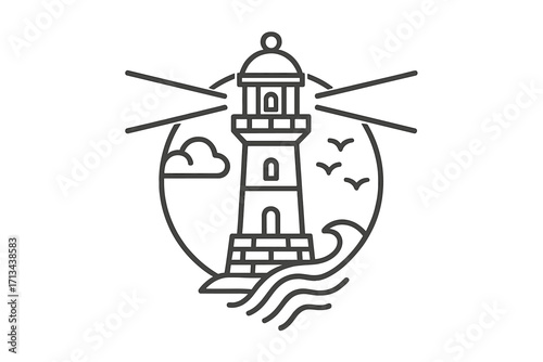 Minimalist lighthouse line art logo design with coastal waves, birds, cloud and beacon light beams, ocean navigation symbol, marine safety, vector illustration