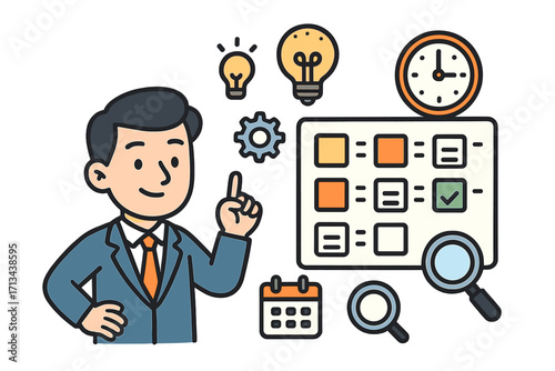 Project management and task planning illustration, vector cartoon business man with calendar, clock, light bulbs, checklist, gears, magnifier, productivity concept, transparent background
