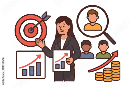 Target customer market strategy illustration with diverse people and rising growth charts, business success concept, marketing analysis, financial growth and audience focus vector cartoon