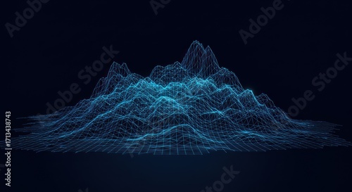A neonblue wireframe creates a mountainous landscape against a dark background The lines form peaks and valleys resembling a digital elevation map