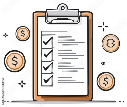 Earnings Report with Checkmarks and Coins Flat Vector Illustration