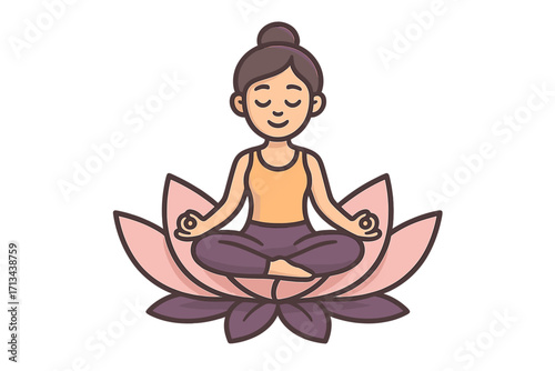 Yoga lotus flower logo design with meditation woman vector cartoon, peaceful mindfulness concept, wellness and relaxation symbol, transparent background illustration