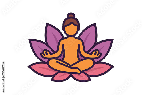 Yoga lotus flower logo design vector, cartoon illustration of meditating person in lotus pose with purple and pink petals, spiritual wellness concept, meditation symbol vector