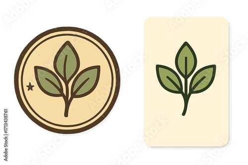 Vintage nature logo design and business card set with modern fresh green leaf badge, vector cartoon illustration, eco friendly concept, natural organic emblem, transparent background