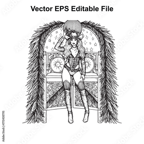 Vector art of cowgirl wearing a cowboy hat and bodysuit holding a disco ball