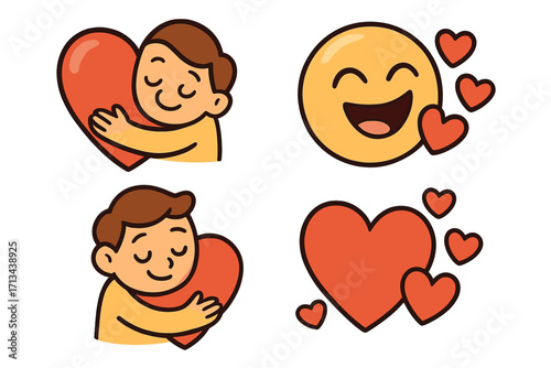 Animated isolated set of love and hug emoticons with smiling face and hearts, cartoon vector illustration for social media, romantic affection symbols with transparent background