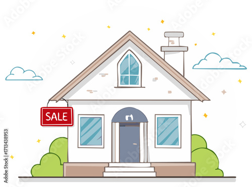 Illustration of Single Family Home with Sale Sign Chimney Roof Clouds and Stars