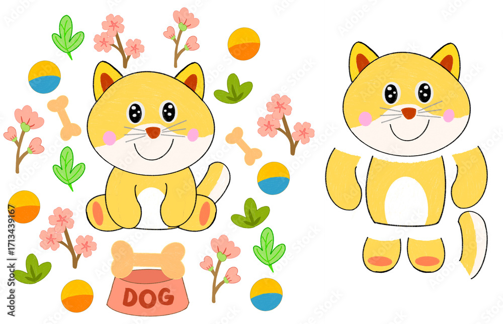 Naklejka premium Cute Shiba Inu illustration created with digital colored pencils. Includes full design and customizable cut-out parts for creative projects, kids crafts, stickers, and playful artwork.
