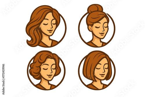 Beauty salon woman hairstyle logo design with elegant hairdo, feminine face cartoon vector illustration, modern hairdresser branding icon, transparent background set