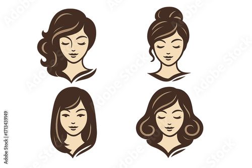 Beauty salon logo design with stylish woman hairstyle, cartoon vector illustration, hair care branding, modern female avatar, transparent background, beauty and hairdressing concept