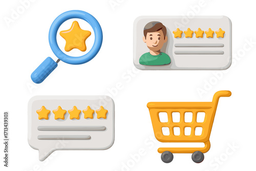 Customer ratings and reviews icons set. 3D vector illustration for online shopping and marketing. User profile, feedback stars, local search and shopping cart symbols.