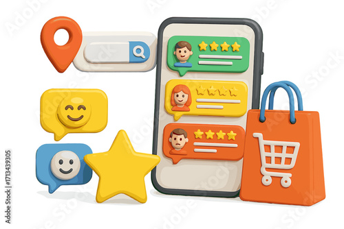 Customer ratings and reviews 3d icon set for online shopping. Local search and marketing concept. Mobile phone with user feedback, star rating and shopping bag. Vector.