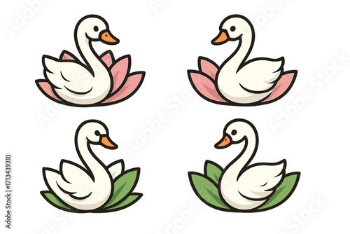 Elegant swan on lotus flower logo set. Graceful bird cartoon icon collection for beauty, spa, or wellness brand. Vector illustration of cute animal character design.