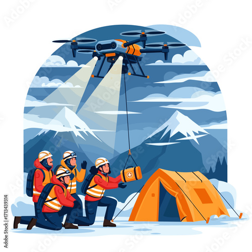 Drone delivering first aid to mountain rescue team