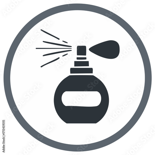 Vintage perfume atomizer bottle spraying fragrance, isolated vector logo icon