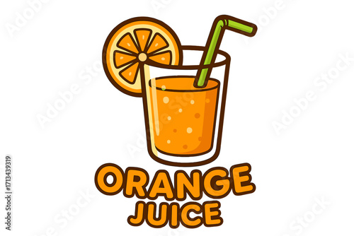 Orange juice logo with editable text style. Fresh fruit summer drink concept. Vector cartoon illustration of citrus in a glass with straw. Isolated icon for beverage menu.