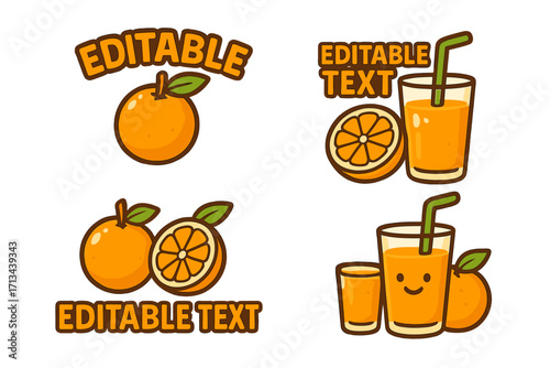 Orange juice logo set with editable text style. Vector cartoon illustration collection of fresh citrus fruit and drinks. Cute mascot character for a summer beverage brand.
