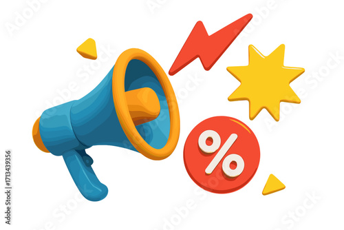 3D megaphone for flash sale announcement. Loudspeaker advertising promotion. Percent icon for discount price. Marketing banner design. Cartoon vector illustration for big deal.