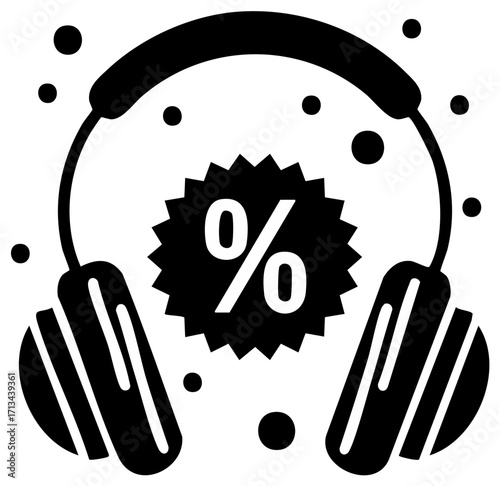 Music sale icon with headphones and percent symbol for audio promotions and special offers