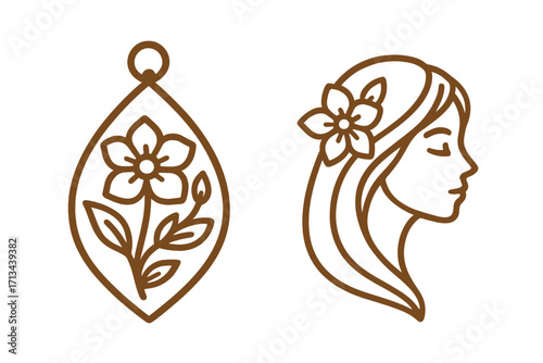 Woman face profile logo with flower in hair. Linear floral jewelry pendant icon set. Elegant, beautiful girl silhouette for beauty salon, spa, cosmetics. Nature, spring, feminine vector.