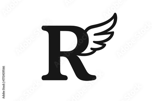 Letter R logo monogram with wing element. Flying R icon for brand identity. Angel wing metaphor for speed, freedom, delivery, transport company. Alphabet initial vector design.