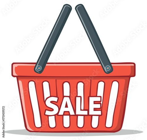Red shopping basket illustration with SALE text, shopping promotion icon.