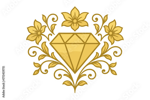 Luxury gold diamond logo with floral pattern. Elegant jewelry emblem with golden flower ornaments. Vintage filigree design for beauty or fashion brand. Rich decorative vector.
