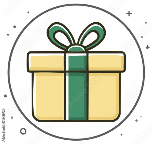 Illustration of gift box with ribbon decoration inside of circle design, celebration theme for holidays and occasions